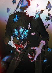 Rule 34 | 1boy, absurdres, amamiya ren, black hair, black jacket, blood, blood on face, blood on hands, blue butterfly, btmr game, bug, butterfly, highres, insect, jacket, long sleeves, male focus, pants, persona, persona 5, plaid, plaid pants, school uniform, shuujin academy school uniform, signature, simple background, solo