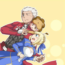 Rule 34 | 1boy, 2girls, ahoge, animal costume, archer (fate), artoria pendragon (fate), bad id, bad pixiv id, blonde hair, blue eyes, fate/stay night, fate (series), father and daughter, grey eyes, gupaon, if they mated, lion costume, lowres, md5 mismatch, mother and daughter, multiple girls, orange eyes, red hair, saber (fate), tan, white hair
