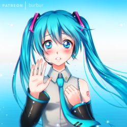 Rule 34 | 1girl, bare shoulders, blue background, blue eyes, blue hair, blue necktie, blush, burbur, crying, crying with eyes open, detached sleeves, floating hair, gradient background, grey shirt, hair ornament, hand on own chest, hand up, hatsune miku, headset, light particles, long hair, long sleeves, looking at viewer, necktie, number tattoo, parted lips, patreon username, shirt, shoulder tattoo, solo, tareme, tattoo, tears, teeth, twintails, very long hair, vocaloid