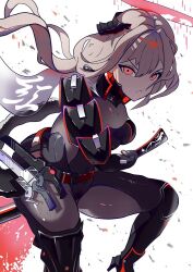Rule 34 | 1girl, armored bodysuit, battoujutsu stance, black bodysuit, bodysuit, breasts, fighting stance, goddess of victory: nikke, grey bodysuit, grey hair, halo, headgear, holding, holding sword, holding weapon, long hair, looking at viewer, medium breasts, official alternate costume, ready to draw, red eyes, scarlet (black shadow) (nikke), scarlet (nikke), see-through, sheath, sheathed, solo, sword, unyoon 8986, weapon
