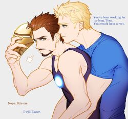 Rule 34 | 2boys, arc reactor, avengers (series), bare shoulders, black tank top, blonde hair, blue eyes, blue shirt, brown hair, closed mouth, collarbone, commentary, english commentary, english text, facial hair, fingernails, ginmu, grey background, hand up, holding, holding mask, looking at another, looking back, male focus, marvel, mask, multiple boys, shirt, short hair, short sleeves, simple background, smile, standing, steve rogers, t-shirt, tank top, tony stark, v-shaped eyebrows, yaoi, yellow eyes
