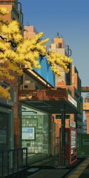 Rule 34 | animated, animated gif, blue sky, building, city, clear sky, commentary, day, english commentary, falling leaves, leaf, looping animation, no humans, original, outdoors, pixel art, scenery, sky, tree, vending machine, waneella