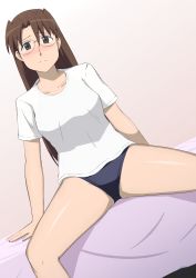 Rule 34 | 1girl, arm support, asymmetrical bangs, azumanga daiou, blush, breasts, brown eyes, brown hair, closed mouth, commentary request, dutch angle, frown, glasses, hall onon, highres, long hair, looking at viewer, medium breasts, mizuhara koyomi, nervous, one-piece swimsuit, school swimsuit, shiny skin, shirt, short sleeves, sitting, solo, spread legs, swimsuit, swimsuit under clothes, thighs, white shirt