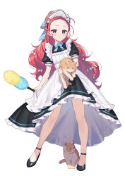 Rule 34 | 1girl, absurdres, animal, apron, black footwear, blue archive, blush, cat, closed mouth, duster, feather duster, full body, highres, holding, holding animal, holding cat, kan&#039;yu (citron 82), legs, long hair, looking at viewer, maid, maid apron, maid headdress, official alternate costume, purple eyes, red hair, shoes, short sleeves, simple background, solo, standing, thighs, white background, yuzu (blue archive), yuzu (maid) (blue archive)