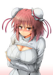 Rule 34 | 1girl, alternate costume, bandages, blush, breast hold, breasts, cleavage, cleavage cutout, clothing cutout, double bun, embarrassed, hair bun, ibaraki kasen, large breasts, looking at viewer, meme attire, nokishita kumoemon, open-chest sweater, red eyes, red hair, ribbed sweater, short hair, simple background, solo, sweater, tears, touhou, turtleneck