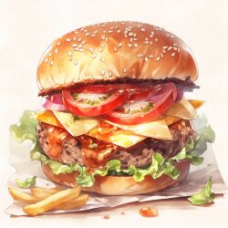 Rule 34 | bread, burger, cheese, fast food, food, food focus, french fries, lettuce, meat, napkin, no humans, original, polaris54, sesame seeds, still life, tomato, tomato slice