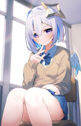 Rule 34 | 1girl, alternate costume, amane kanata, angel wings, asymmetrical bangs, asymmetrical hair, blue hair, blue skirt, blue wings, blush, bob cut, brown cardigan, cardigan, chair, closed mouth, collar, colored inner hair, commentary, cowboy shot, day, feathered wings, fragir, gradient wings, grey hair, hair over one eye, halo, hand up, highres, hololive, indoors, lens flare, light particles, long sleeves, looking at viewer, mini wings, miniskirt, multicolored hair, multicolored wings, pink hair, plaid, plaid skirt, purple eyes, school chair, school uniform, shirt, short hair, single hair intake, sitting, skirt, solo, star halo, streaked hair, sunlight, virtual youtuber, white shirt, white wings, window, wings, yellow halo