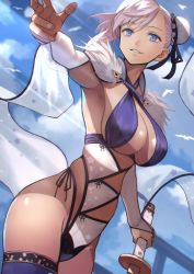 Rule 34 | 1girl, absurdres, asymmetrical hair, blue eyes, blue one-piece swimsuit, blue sky, blue thighhighs, breasts, bun cover, cleavage, criss-cross halter, fate/grand order, fate (series), fur collar, hair bun, halterneck, highleg, highleg swimsuit, highres, katana, large breasts, light rays, long hair, looking at viewer, miyamoto musashi (fate), miyamoto musashi (fate/grand order), miyamoto musashi (swimsuit berserker) (fate), miyamoto musashi (swimsuit berserker) (third ascension) (fate), one-piece swimsuit, pink hair, side bun, single hair bun, single side bun, sky, smile, sunlight, swept bangs, swimsuit, sword, tan, thighhighs, thighs, two-tone swimsuit, weapon, white one-piece swimsuit, yoshio (55level)