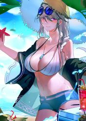 Rule 34 | 1girl, arknights, bare shoulders, bikini, blue shorts, blue sky, blush, braid, breasts, chinese commentary, commentary request, cowboy shot, day, eyewear on head, grey bikini, hair between eyes, hat, highres, holding, jewelry, large breasts, long hair, navel, off shoulder, official alternate costume, pendant, poxiao buff, purple eyes, short shorts, shorts, silver hair, sky, solo, standing, starfish, stomach, sun hat, sunglasses, swimsuit, swimsuit cover-up, utage (arknights), utage (summer flowers) (arknights)