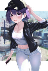 Rule 34 | 1girl, :d, ayakashi triangle, baseball cap, black jacket, blush, breasts, cellphone, cleavage, commentary request, eyelashes, happy, hat, highres, jacket, kanade suzu, kurony (sirony), leather, leather jacket, looking at viewer, medium breasts, midriff, navel, open mouth, phone, purple eyes, purple hair, short hair, smartphone, smile, solo, standing, translation request