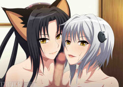 Rule 34 | 1boy, 2girls, animal ears, artist name, black hair, cat ears, cat girl, cat hair ornament, censored, closed mouth, collarbone, commentary, english commentary, erection, ffm threesome, grey hair, group sex, hair ornament, hair rings, hairband, hetero, high school dxd, indoors, kuroka (high school dxd), long hair, looking at viewer, minaisu, mosaic censoring, multiple girls, naughty face, nude, open mouth, penis, pov, seductive smile, shimaidon (sex), short hair with long locks, siblings, sisters, smile, threesome, toujou koneko, yellow eyes