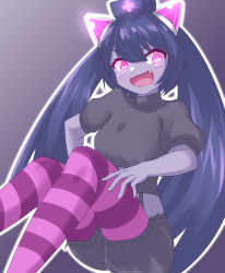 Rule 34 | &gt;:), 1girl, :d, absurdres, black hair, blush, chrome (mon-musu quest!), colored skin, commentary request, fang, feet out of frame, glowing, glowing eyes, glowing horns, hat, highres, horns, kazami windy, long hair, looking at viewer, mon-musu quest!, nurse cap, open mouth, pink eyes, pink horns, pink thighhighs, puffy short sleeves, puffy shorts, puffy sleeves, purple skin, purple thighhighs, ringed eyes, short sleeves, shorts, simple background, sitting, smile, striped clothes, striped thighhighs, suspenders, thighhighs, twintails