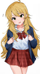 Rule 34 | 1girl, absurdres, ahoge, blonde hair, blue jacket, blush, bow, collared shirt, commentary, cowboy shot, flying sweatdrops, furrowed brow, green eyes, head tilt, highres, hoshii miki, idolmaster, idolmaster (classic), jacket, long hair, long sleeves, looking at viewer, miniskirt, nervous smile, open clothes, open jacket, open mouth, plaid, plaid bow, plaid skirt, red bow, red skirt, shirt, sidelocks, simple background, skirt, smile, solo, standing, sweatdrop, symbol-only commentary, very long hair, wavy hair, white background, white shirt, zenoo