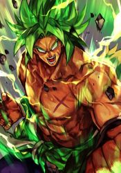 Rule 34 | 1boy, angry, blank eyes, bracelet, broly (dragon ball super), dragon ball, earrings, energy, facial scar, green hair, hungry clicker, jewelry, legendary super saiyan, male focus, muscular, no pupils, open mouth, scar, scar on cheek, scar on face, topless male, solo, spiked hair, super saiyan, upper body
