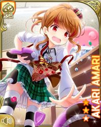 Rule 34 | 1girl, amari akari, apron, bandages, brown hair, card (medium), character name, classroom, crown, dropped object, girlfriend (kari), green skirt, hair ornament, holding, indoors, jar, looking at object, multicolored hair, nail polish, official art, open mouth, plaid, plaid skirt, qp:flapper, red eyes, red hair, red nails, school uniform, shirt, short hair, side ponytail, skirt, solo, solo focus, standing, striped clothes, striped thighhighs, thighhighs, upset, white shirt, zettai ryouiki