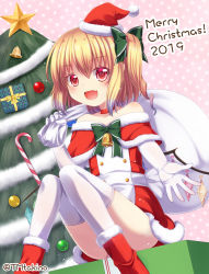Rule 34 | 1girl, 2019, :d, alternate costume, alternate headwear, bag, bare shoulders, bell, blonde hair, blush, boots, box, capelet, carrying over shoulder, choker, christmas tree, commentary request, dress, elbow gloves, fang, flandre scarlet, fur-trimmed boots, fur-trimmed capelet, fur-trimmed dress, fur trim, gift, gift box, gloves, green ribbon, hair between eyes, hair ribbon, hat, knees together feet apart, looking at viewer, merry christmas, mini hat, off-shoulder dress, off shoulder, open mouth, outstretched hand, panties, pantyshot, pink background, polka dot, polka dot background, red choker, red eyes, red footwear, ribbon, santa costume, santa dress, santa hat, short hair, side ponytail, sitting, skin fang, slit pupils, smile, solo, star (symbol), striped clothes, striped panties, thighhighs, tomo takino, touhou, twitter username, underwear, white gloves, white thighhighs, wings