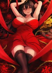 Rule 34 | 1girl, arm behind head, azur lane, bare shoulders, black hair, black thighhighs, blush, breasts, chain, cleavage, commentary request, dress, hair between eyes, hair ornament, head tilt, large breasts, long hair, looking at viewer, lying, nicoby, parted lips, red dress, red eyes, smile, solo, taihou (azur lane), taihou (forbidden feast) (azur lane), thighhighs