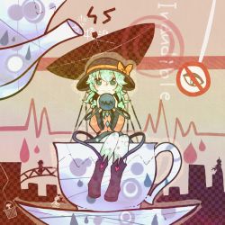Rule 34 | 1girl, alternate costume, bad id, bad nicoseiga id, boots, bow, cup, female focus, green eyes, green hair, hat, heart, highres, in container, in cup, itomugi-kun, komeiji koishi, matching hair/eyes, mini person, minigirl, smile, solo, symbol-shaped pupils, third eye, touhou