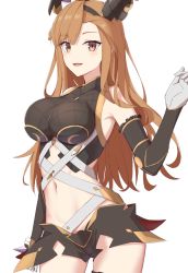 Rule 34 | 1girl, asymmetrical bangs, belt, black shorts, blush, breasts, brown eyes, crop top, elbow gloves, elfenlied22, gloves, granblue fantasy, head wings, headband, highres, large breasts, light brown hair, long hair, looking at viewer, midriff, navel, open mouth, shorts, simple background, smile, solo, thighs, tweyen (granblue fantasy), white background, white belt, wings