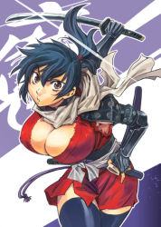 Rule 34 | 1girl, armor, blue hair, blue thighhighs, breasts, brown eyes, cleavage, elbow gloves, fighting stance, fingerless gloves, foreshortening, gloves, japanese clothes, katana, kimono, konchiki, large breasts, leaning forward, long hair, looking at viewer, lowres, manyuu chifusa, manyuu hikenchou, ninja, official art, ponytail, sash, scarf, scrunchie, sheath, short kimono, solo, sword, thighhighs, torn clothes, weapon, zettai ryouiki