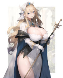 Rule 34 | 1girl, absurdres, baketsu, black cape, black corset, blonde hair, blue eyes, blue gemstone, breasts, cape, cleavage cutout, clothing cutout, corset, covered navel, dress, gem, gloves, habit, highres, holding, holding staff, large breasts, long hair, nun, original, parted lips, pointy ears, side slit, solo, staff, thighs, white dress, white gloves