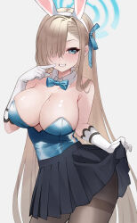 Rule 34 | 1girl, absurdres, animal ears, aqua leotard, asuna (blue archive), asuna (bunny) (blue archive), black pantyhose, black skirt, blue archive, blue bow, blue bowtie, blue eyes, blue leotard, blush, bow, bowtie, breasts, detached collar, fake animal ears, gloves, hair over one eye, halo, highres, large breasts, leotard, light brown hair, long hair, looking at viewer, mole, mole on breast, official alternate costume, pantyhose, playboy bunny, pleated skirt, rabbit ears, saibashi (develop komono), shirt, simple background, skirt, smile, solo, strapless, strapless leotard, traditional bowtie