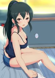 Rule 34 | 1girl, absurdres, bare legs, black hair, blue camisole, blush, breasts, brown eyes, camisole, covered erect nipples, downblouse, everchix, feet out of frame, from side, furrowed brow, grabbing, hair between eyes, heart, highres, idolmaster, idolmaster cinderella girls, indoors, legs, long hair, looking at viewer, medium breasts, nipple slip, nipples, no bra, ohishi izumi, on bed, open mouth, ponytail, short shorts, shorts, sidelocks, sitting, solo, spoken heart, turning head, window