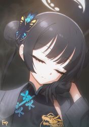 Rule 34 | 1girl, black dress, black gloves, black hair, blue archive, butterfly hair ornament, china dress, chinese clothes, closed eyes, closed mouth, coat, commentary, double bun, dragon print, dress, fpanda, gloves, hair bun, hair ornament, halo, highres, kisaki (blue archive), long hair, long sleeves, open clothes, open coat, signature, simple background, smoke, solo, twintails, upper body