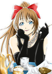 Rule 34 | 1girl, absurdres, aqua eyes, artist name, artist request, black dress, black gloves, blue eyes, blush, bow, bracelet, breasts, brown hair, cleavage, close-up, dress, elbow gloves, elbow on table, female focus, food, gloves, hair between eyes, hair bow, hand on own chin, high ponytail, highres, holding, jewelry, long hair, looking at viewer, love live!, love live! nijigasaki high school idol club, medium breasts, osaka shizuku, parted lips, pearl bracelet, pink lips, ponytail, red bow, sleeveless, sleeveless dress, smile, smoking pipe, solo, table, teapot, upper body, white background