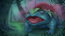 Rule 34 | chao xiaopu, commentary request, creatures (company), game freak, gen 1 pokemon, grass, highres, leaf, nintendo, no humans, open mouth, outdoors, pokemon, pokemon (creature), sharp teeth, solo, teeth, tongue, tree, venusaur