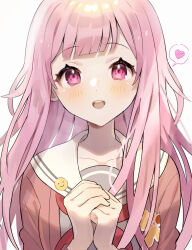 Rule 34 | 1girl, :d, blunt bangs, blush, breasts, cardigan, commentary request, curled fingers, dot nose, double-parted bangs, eyelashes, heart, highres, long hair, looking at viewer, neckerchief, ootori emu, open cardigan, open clothes, open mouth, own hands together, pink cardigan, pink eyes, pink hair, project sekai, red neckerchief, sailor collar, sailor shirt, sakuko (softcream015), shirt, simple background, small breasts, smile, solo, teeth, upper body, upper teeth only, w arms, white background, white sailor collar