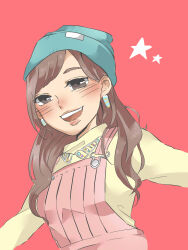 Rule 34 | 1girl, apron, beanie, blue hat, blush, brown eyes, brown hair, earrings, hair behind ear, hat, highres, jewelry, kashikaze, kusuda aina, long hair, looking at viewer, open mouth, outstretched arms, pink apron, pink background, real life, simple background, smile, solo, spread arms, sweater, teeth, upper body, upper teeth only, voice actor, yellow sweater