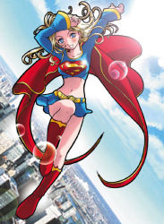 Rule 34 | 1girl, alien, arms up, belt, blonde hair, blue eyes, boots, cape, city, dc comics, female focus, flying, kryptonian, long hair, midriff, miniskirt, red cape, red footwear, s shield, shoes, skirt, solo, supergirl, superman (series), u-k