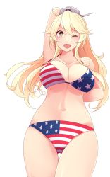 Rule 34 | 10s, 1girl, absurdres, ahoge, american flag bikini, american flag print, arm behind back, arm over head, bad id, bad pixiv id, bikini, blonde hair, blue eyes, breasts, cleavage, flag print, highres, iowa (kancolle), kantai collection, large breasts, long hair, navel, one eye closed, open mouth, print bikini, rigging, skindentation, solo, star-shaped pupils, star (symbol), suruga (xsurugax), swimsuit, symbol-shaped pupils, thigh gap, white background