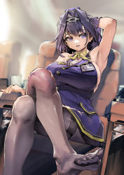 Rule 34 | 1girl, absurdres, alternate costume, arm up, armpits, black hair, breasts, chain, chain headband, cleavage, crossed legs, dress, flight attendant, hair intakes, hand in own hair, hat, head chain, highres, hololive, hololive english, id card, jewelry, large breasts, mini hat, neck ribbon, no shoes, ouro kronii, pantyhose, parted lips, purple eyes, purple hair, revision, ribbon, short hair, sideboob, sitting, sleeveless, sleeveless dress, solo, thighband pantyhose, toes, travel attendant, virtual youtuber, vyragami, yellow ribbon