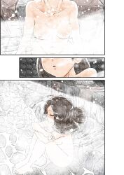 Rule 34 | 1girl, bathing, breasts, breath, brown hair, clip studio paint (medium), closed eyes, comic, commentary request, completely nude, highres, nipples, niwatori sennin, nude, onsen, original, partially submerged, silent comic, sitting, small breasts, snow, solo, steam