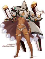 Rule 34 | 1girl, belt bra, breasts, cape, character name, clover, creature, dark skin, dual wielding, expressionless, familiar, feet, floating sword, floating weapon, guilty gear, guilty gear xrd, hair between eyes, hat, holding, karukan (monjya), looking at viewer, medium breasts, navel, orange eyes, ramlethal valentine, shadow, short hair, short shorts, shorts, simple background, solo focus, standing, stomach, sword, thigh strap, toes, underboob, weapon, white background, white hair