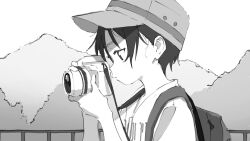 Rule 34 | 1girl, backpack, bag, baseball cap, camera, commentary, from side, greyscale, hands up, hat, highres, holding, holding camera, kurosaki honoka, looking ahead, messy hair, monochrome, outdoors, parted lips, piezo, profile, railing, shirt, short hair, short sleeves, solo, taking picture, two-handed, upper body, yama no susume