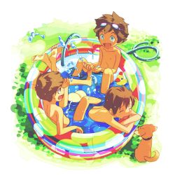 Rule 34 | 3boys, ass, brown hair, child, dog, closed eyes, genda, goggles, goggles on head, hose, jpeg artifacts, male focus, multiple boys, nipples, nude, original, outdoors, partially submerged, short hair, wading pool, water, white background
