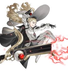 Rule 34 | 1girl, artificial eye, blonde hair, boots, brown eyes, buttons, cape, dress, eitri (fire emblem), energy gun, evil smile, fire emblem, fire emblem heroes, flat chest, floating, floating object, full body, gloves, gold trim, hands up, hat, high heels, highres, kozaki yuusuke, long hair, mechanical eye, nintendo, non-web source, official art, outstretched arms, pantyhose, parted lips, short dress, smile, spread arms, teeth, thigh boots, transparent background, very long hair, weapon, white dress, witch hat