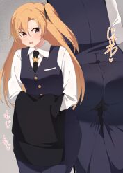 Rule 34 | 1girl, ass, azur lane, black necktie, black pants, black ribbon, black vest, blush, breast pocket, buttons, cleveland (azur lane), collared shirt, cowboy shot, female focus, grey background, hair ribbon, hands up, have to pee, heart, holding, japanese text, long hair, long sleeves, looking at viewer, minamimachi naname, multiple views, necktie, one side up, open mouth, orange hair, pants, peeing, peeing self, pocket, red eyes, ribbon, shirt, sidelocks, simple background, standing, star (symbol), teeth, translation request, vest, wet, wet clothes, wet pants, white shirt