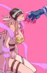 Rule 34 | 2girls, angel, angel girl, angel wings, angewomon, ass, curvy, digimon, digimon (creature), head wings, highres, ladydevimon, long hair, looking at another, mask, multiple girls, pink background, pubic tattoo, tattoo, very long hair, wide hips, wings