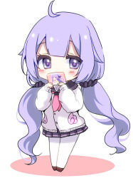 Rule 34 | 1girl, ahoge, azur lane, black sailor collar, black scrunchie, black skirt, blush, brown footwear, cardigan, chibi, colored shadow, commentary request, covered mouth, full body, hair ornament, hair scrunchie, hands up, holding, long hair, looking at viewer, low twintails, neckerchief, pantyhose, pink neckerchief, pleated skirt, purple eyes, purple hair, sailor collar, school uniform, scrunchie, serafuku, shadow, shoes, simple background, skirt, solo, standing, sukireto, twintails, unicorn (azur lane), unicorn (long-awaited date) (azur lane), very long hair, white background, white cardigan, white pantyhose