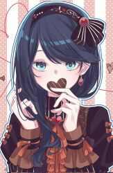 Rule 34 | 1girl, blue eyes, blue hair, blue outline, bow, candy, chocolate, chocolate heart, covered mouth, dark blue hair, dress, earrings, food, frilled sleeves, frills, hair bow, hairband, hands up, heart, highres, hoshino ichika (project sekai), jewelry, juliet sleeves, long hair, long sleeves, looking at viewer, neck ribbon, orange ribbon, outline, project sekai, puffy sleeves, ribbon, ritzchrono, sleeve bow, solo, straight-on, striped background, striped clothes, striped dress, striped sleeves, turtleneck, turtleneck dress, upper body, vertical stripes