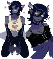 Rule 34 | 1girl, absurdres, ahoge, black choker, black hair, black lips, black pants, black shirt, black skin, character name, choker, closed mouth, colored skin, cropped shirt, fingernails, full body, glowing, glowing eyes, grin, half-harpy, harpy, head wings, heart, heart o-ring, highres, jewelry, kneeling, looking at viewer, medium hair, midriff, monster girl, multiple rings, multiple views, navel, navel piercing, original, pants, piercing, porqueloin, print shirt, purple lips, ring, roxi (porqueloin), sharp fingernails, shirt, simple background, slit pupils, smile, spaghetti strap, t-shirt, torn clothes, torn shirt, upper body, white background, white shirt, wings, yellow eyes, yellow nails