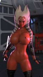 Rule 34 | 1girl, 3d, alien, black footwear, blurry, blurry background, boots, breasts, clone wars, colored skin, cowboy shot, energy sword, facing viewer, highres, huge breasts, lightsaber, looking away, looking to the side, navel, nipples, nude, pussy, red skin, shiny skin, solo, standing, star wars, star wars: the clone wars, sword, taziota (artist), thigh boots, thighhighs, togruta, weapon