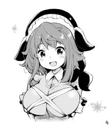 Rule 34 | 1girl, blush, breasts, commentary request, cropped torso, greyscale, large breasts, looking at viewer, medium hair, monochrome, okunoda miyoi, open mouth, shirt, simple background, smile, solo, tanasuke, touhou, upper body, whale hat, white background