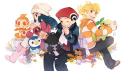 Rule 34 | 00s, 1girl, 21grams, 2boys, ahoge, alternate costume, bad id, bad pixiv id, bag, barry (pokemon), beanie, black hair, blonde hair, blue hair, boots, candy, chimchar, coat, creatures (company), dawn (pokemon), feeding, food, game freak, gen 4 pokemon, hair ornament, hairclip, hat, long hair, lucas (pokemon), multiple boys, nintendo, one eye closed, open mouth, pink footwear, piplup, pokemon, pokemon (creature), pokemon dppt, red eyes, scarf, short hair, sitting, smile, starly, starter pokemon trio, thighhighs, turtwig, wink, winter clothes, yellow eyes
