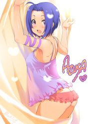 Rule 34 | 1girl, ahoge, ass, blue hair, blush, breasts, butt crack, camisole, chemise, heart, highres, idolmaster, idolmaster (classic), inoue sora, large breasts, looking at viewer, miura azusa, open mouth, panties, purple eyes, red panties, see-through, see-through silhouette, short hair, smile, solo, underwear