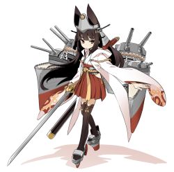 Rule 34 | 1girl, animal ears, azur lane, blush, brown eyes, brown hair, closed mouth, full body, headgear, hip vent, holding, holding weapon, hood, hood down, japanese clothes, katana, long hair, long sleeves, nagato (azur lane) (old design), raigou, red skirt, rigging, sandals, shadow, sheath, simple background, skirt, solo, sword, thighhighs, weapon, white background, wide sleeves